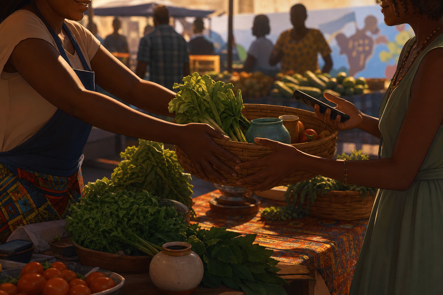 A market maker handing a basket of local goods to a customer